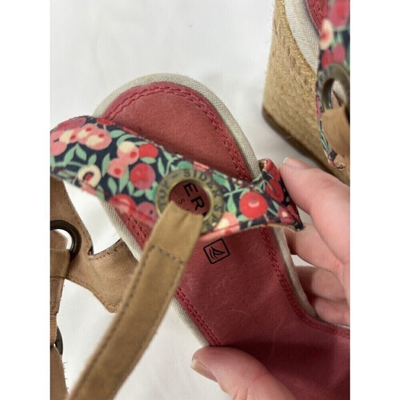 Sperry Topsiders Platform Wedge Heels Sandals Red Floral Print Stripe 9.5 M Rope - Picture 12 of 15